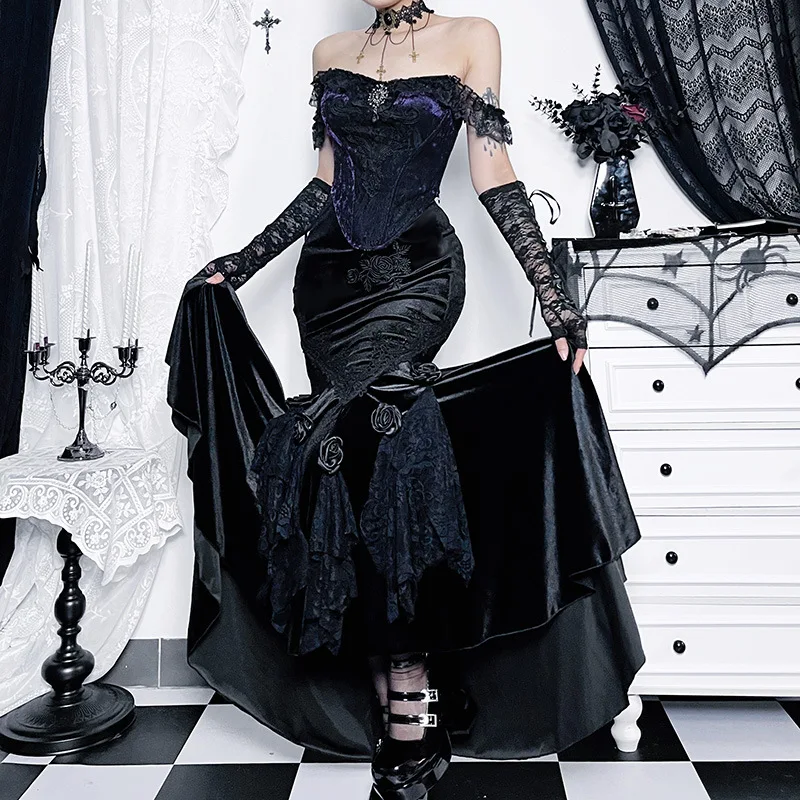 SALIENCY Ghost Girl Black Vintage Gothic Velvet Fishtail Skirt Dark Asymmetrical Skirt Fall Winter Long Dress