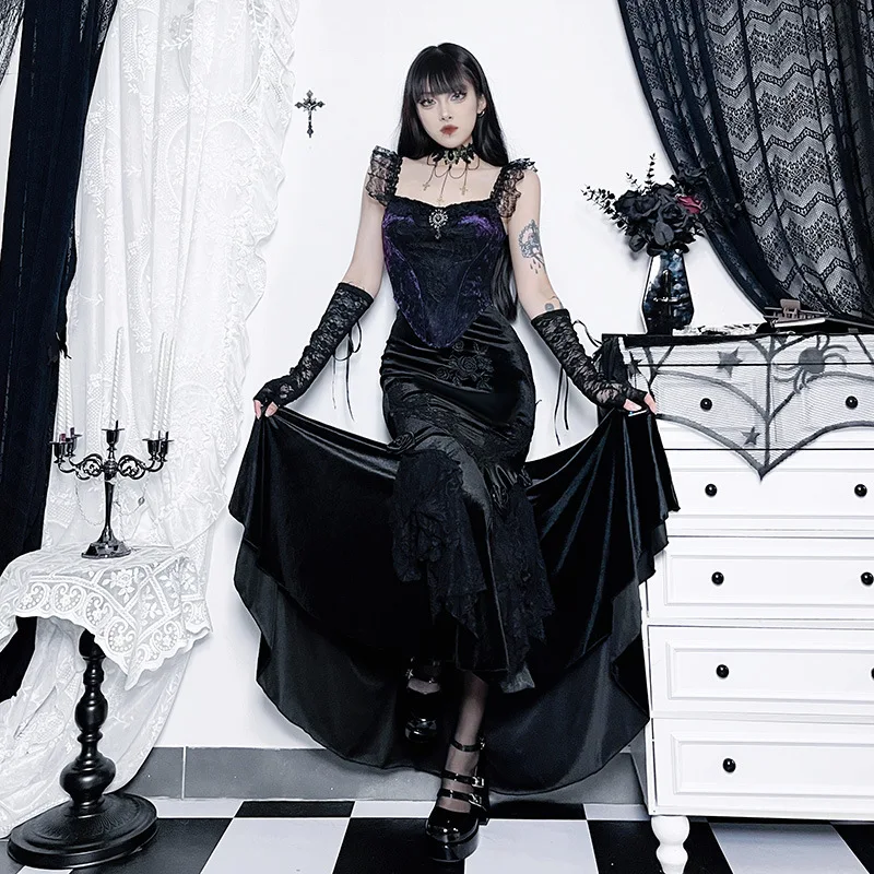 SALIENCY Ghost Girl Black Vintage Gothic Velvet Fishtail Skirt Dark Asymmetrical Skirt Fall Winter Long Dress
