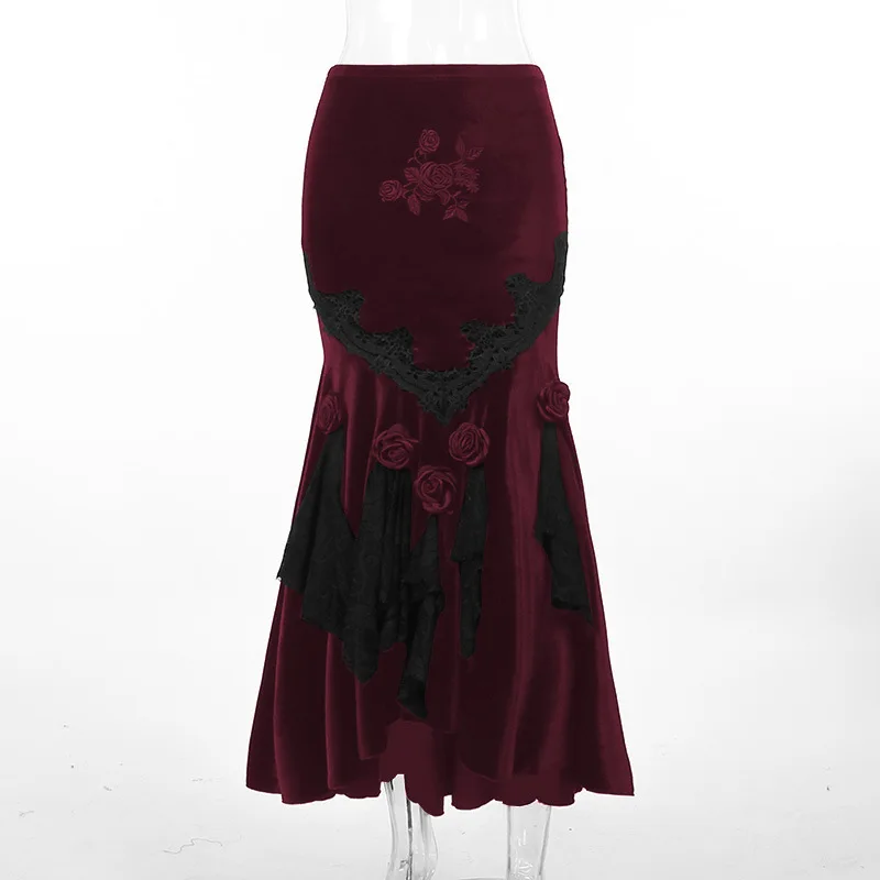 SALIENCY Ghost Girl Black Vintage Gothic Velvet Fishtail Skirt Dark Asymmetrical Skirt Fall Winter Long Dress