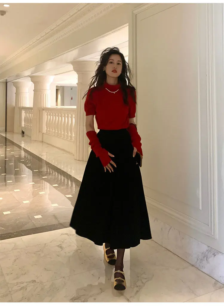 French Vintage Velvet Skirt New Autumn Winter Thick Women's High Waist A-Line Party Jupe Solid Color Folds Midi Faldas 534P