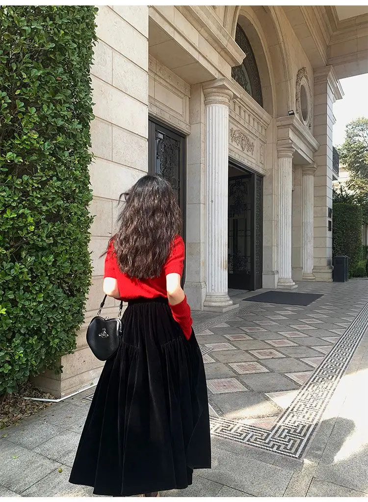French Vintage Velvet Skirt New Autumn Winter Thick Women's High Waist A-Line Party Jupe Solid Color Folds Midi Faldas 534P