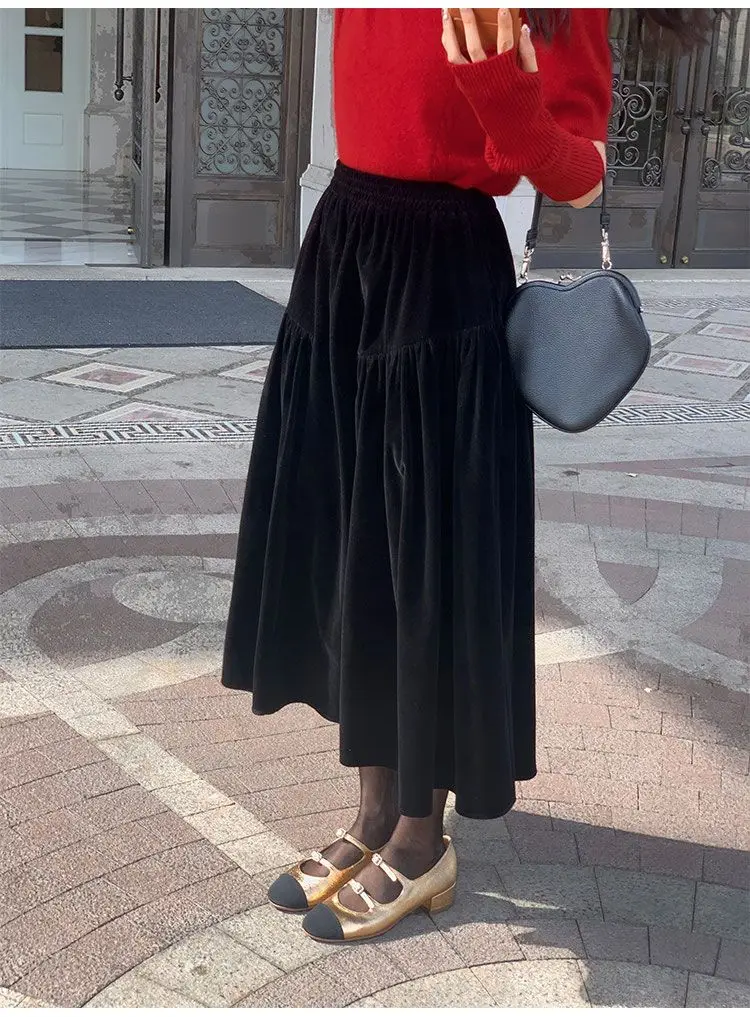 French Vintage Velvet Skirt New Autumn Winter Thick Women's High Waist A-Line Party Jupe Solid Color Folds Midi Faldas 534P
