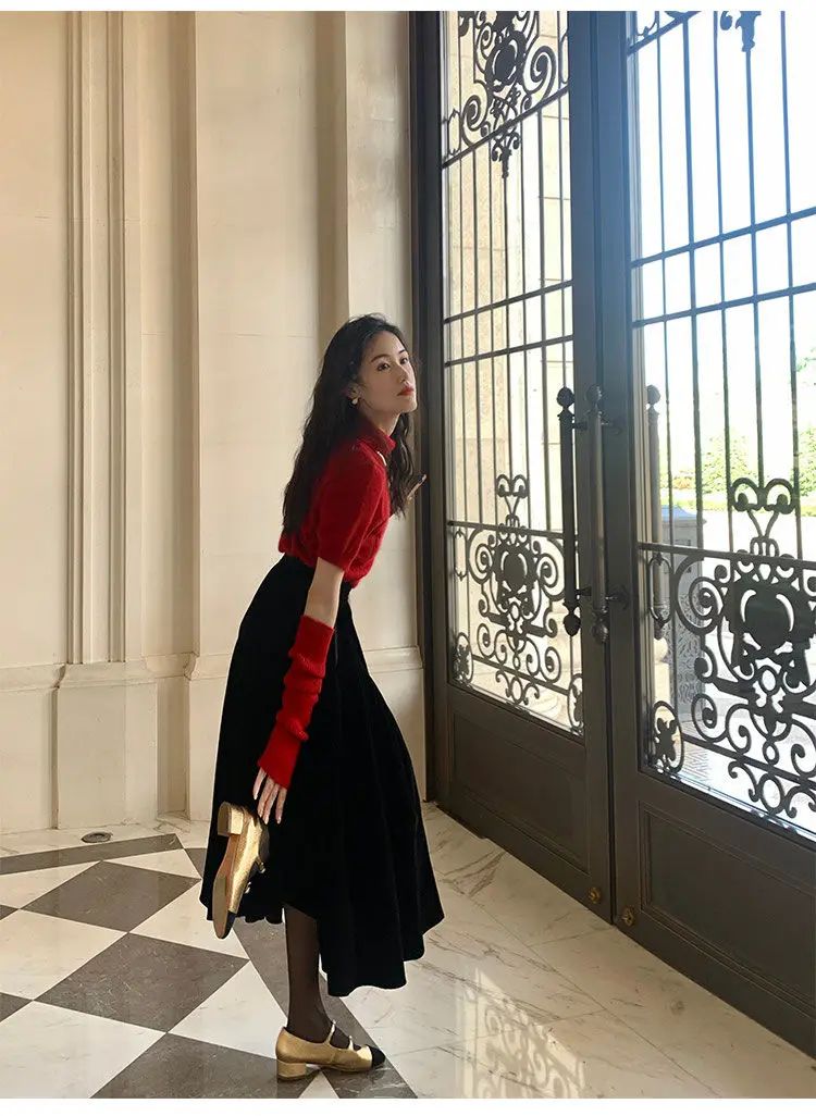 French Vintage Velvet Skirt New Autumn Winter Thick Women's High Waist A-Line Party Jupe Solid Color Folds Midi Faldas 534P