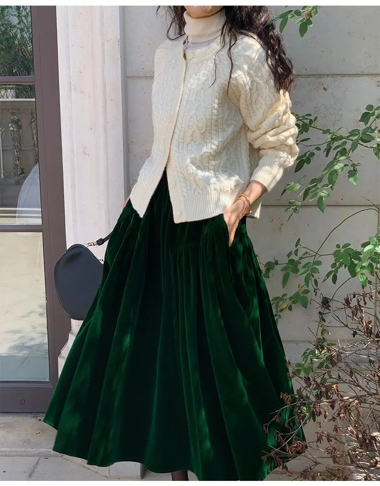 French Vintage Velvet Skirt New Autumn Winter Thick Women's High Waist A-Line Party Jupe Solid Color Folds Midi Faldas 534P