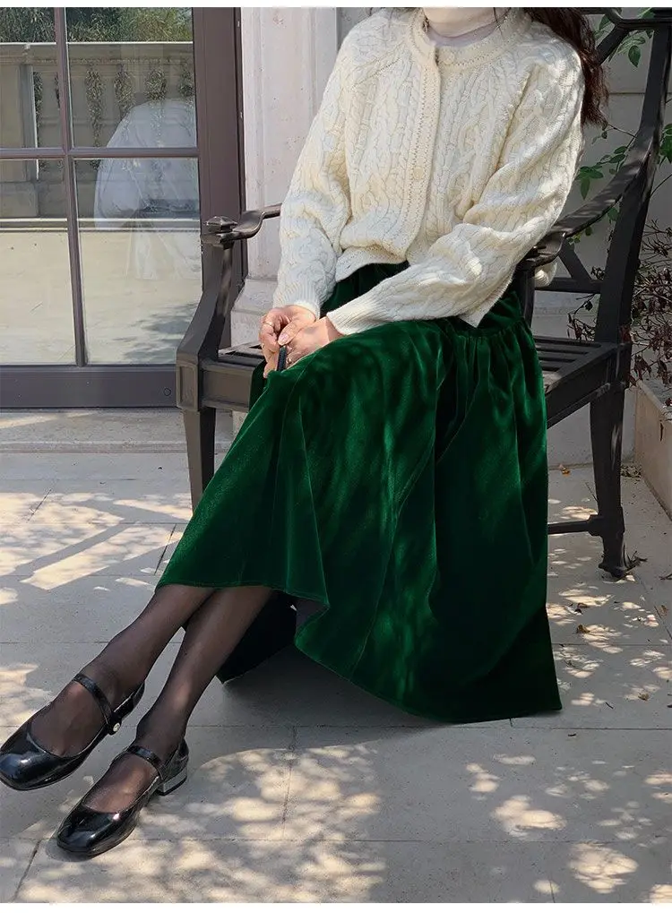 French Vintage Velvet Skirt New Autumn Winter Thick Women's High Waist A-Line Party Jupe Solid Color Folds Midi Faldas 534P