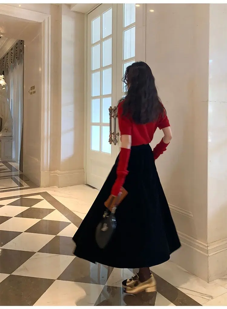 French Vintage Velvet Skirt New Autumn Winter Thick Women's High Waist A-Line Party Jupe Solid Color Folds Midi Faldas 534P