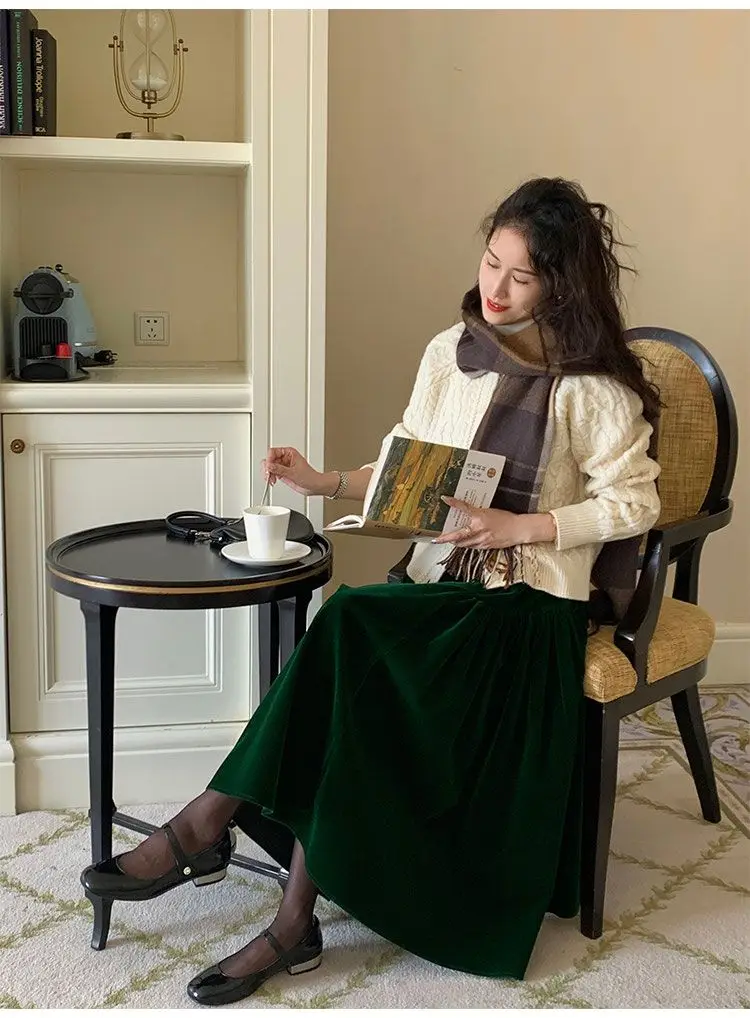 French Vintage Velvet Skirt New Autumn Winter Thick Women's High Waist A-Line Party Jupe Solid Color Folds Midi Faldas 534P