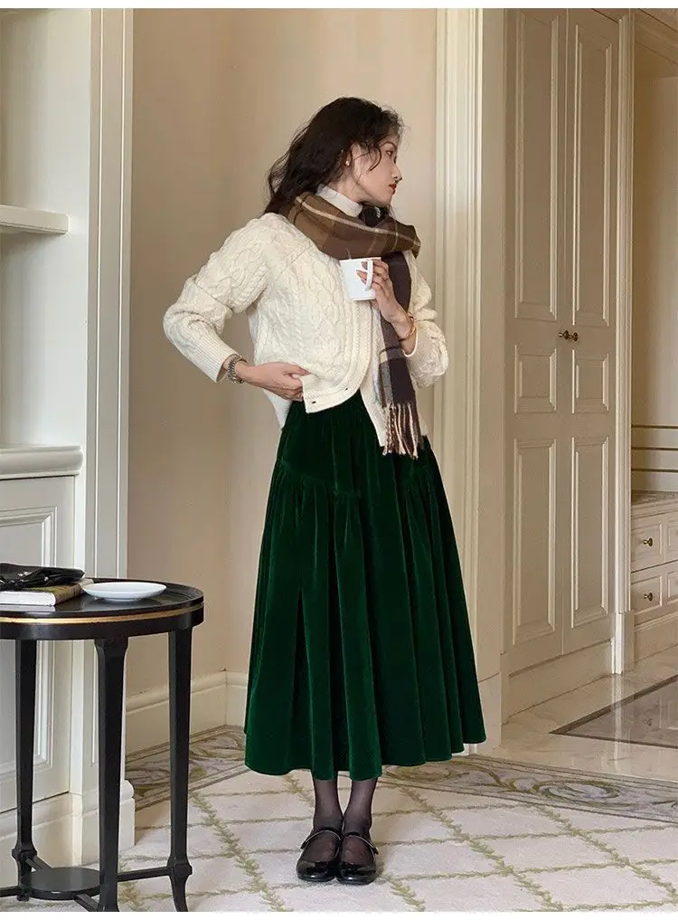 French Vintage Velvet Skirt New Autumn Winter Thick Women's High Waist A-Line Party Jupe Solid Color Folds Midi Faldas 534P