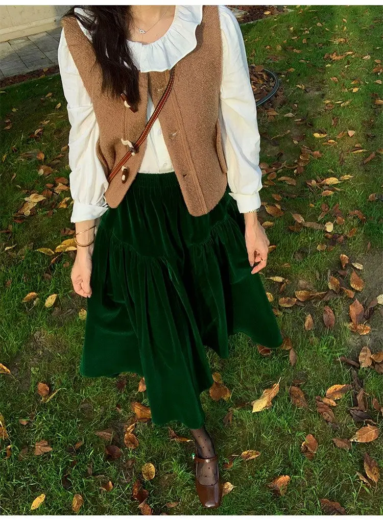 French Vintage Velvet Skirt New Autumn Winter Thick Women's High Waist A-Line Party Jupe Solid Color Folds Midi Faldas 534P