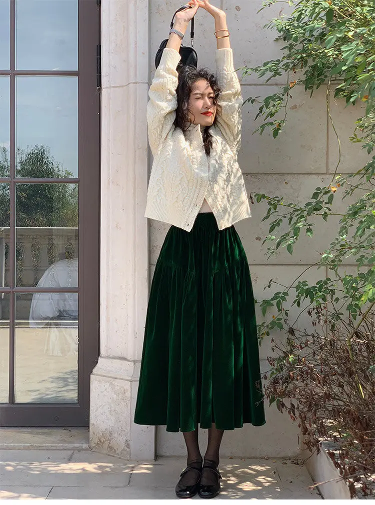 French Vintage Velvet Skirt New Autumn Winter Thick Women's High Waist A-Line Party Jupe Solid Color Folds Midi Faldas 534P