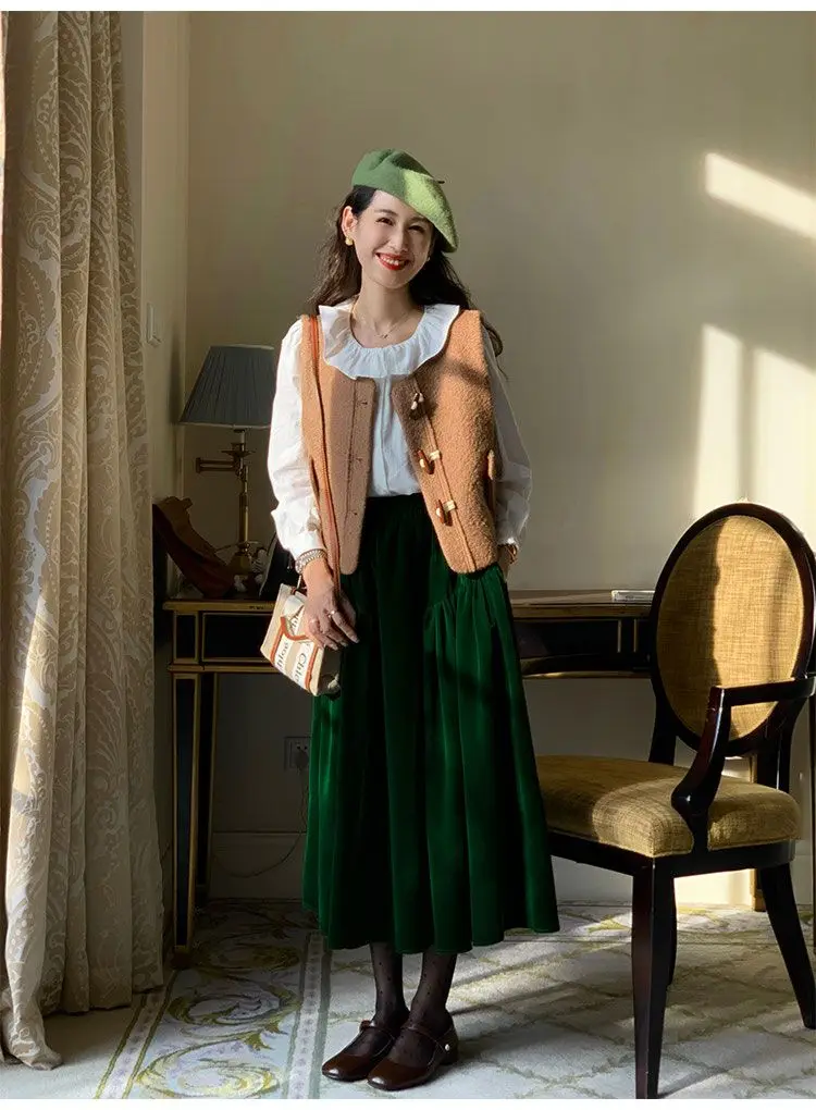 French Vintage Velvet Skirt New Autumn Winter Thick Women's High Waist A-Line Party Jupe Solid Color Folds Midi Faldas 534P