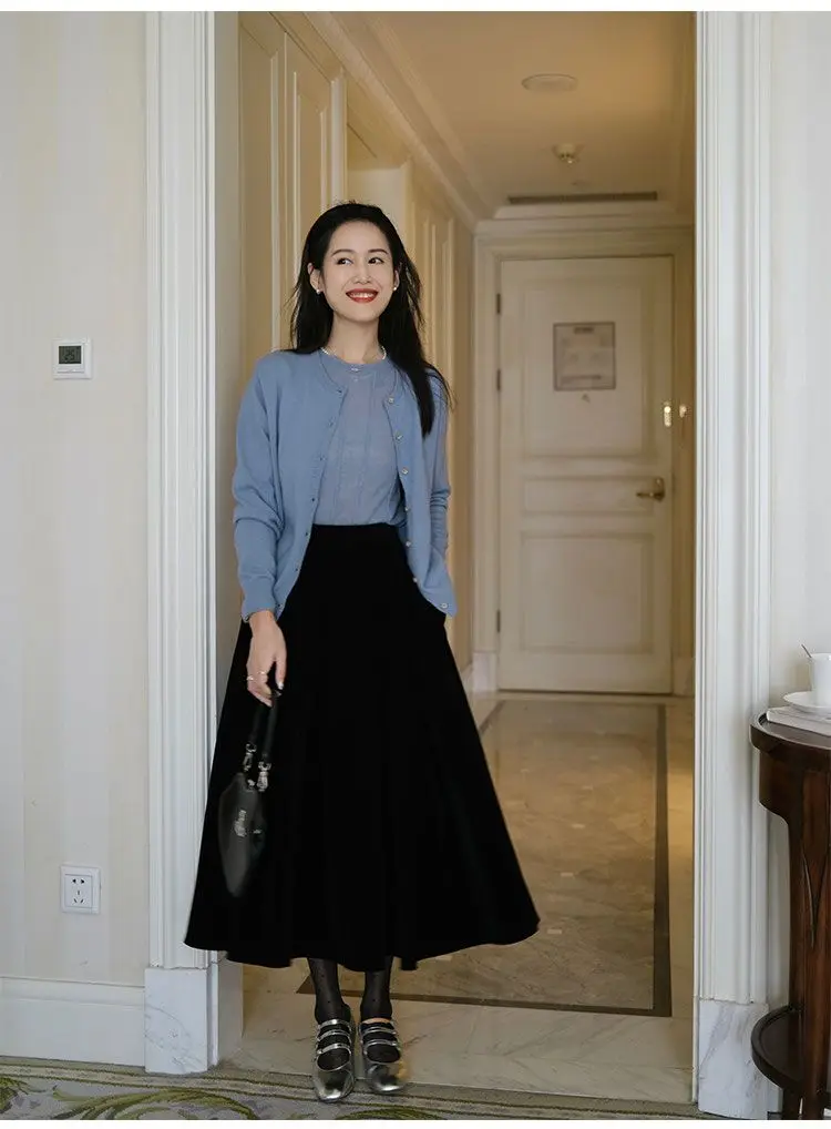 French Vintage Velvet Skirt New Autumn Winter Thick Women's High Waist A-Line Party Jupe Solid Color Folds Midi Faldas 534P