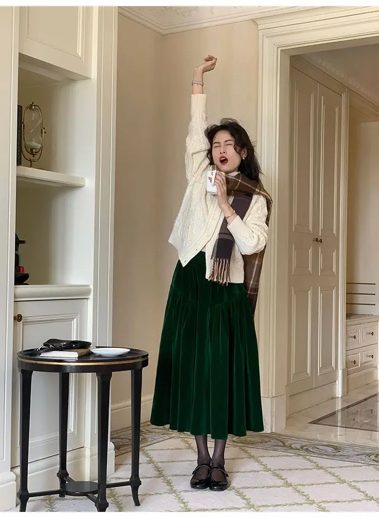 French Vintage Velvet Skirt New Autumn Winter Thick Women's High Waist A-Line Party Jupe Solid Color Folds Midi Faldas 534P