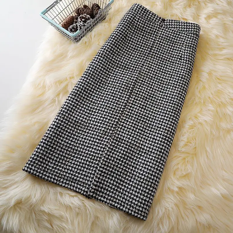 2024 Women's Autumn Winter New Irregular Woolen Skirt High Waist Package Hip Skirt Ladies Houndstooth Plaid Long Skirts B437