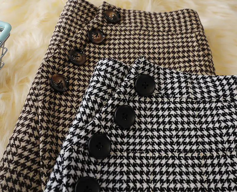 2024 Women's Autumn Winter New Irregular Woolen Skirt High Waist Package Hip Skirt Ladies Houndstooth Plaid Long Skirts B437