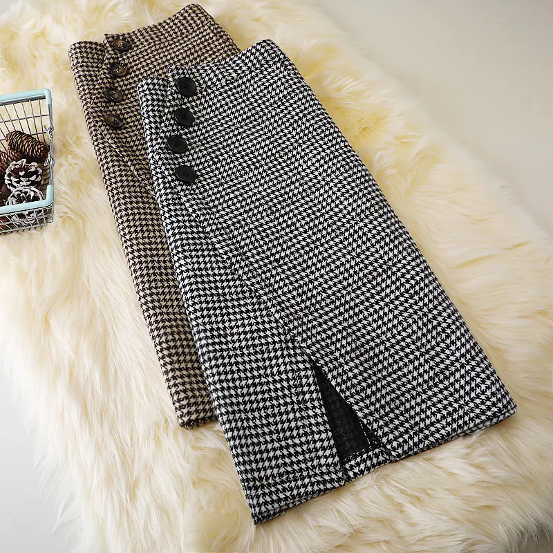 2024 Women's Autumn Winter New Irregular Woolen Skirt High Waist Package Hip Skirt Ladies Houndstooth Plaid Long Skirts B437