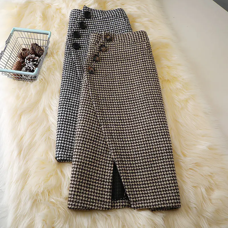 2024 Women's Autumn Winter New Irregular Woolen Skirt High Waist Package Hip Skirt Ladies Houndstooth Plaid Long Skirts B437