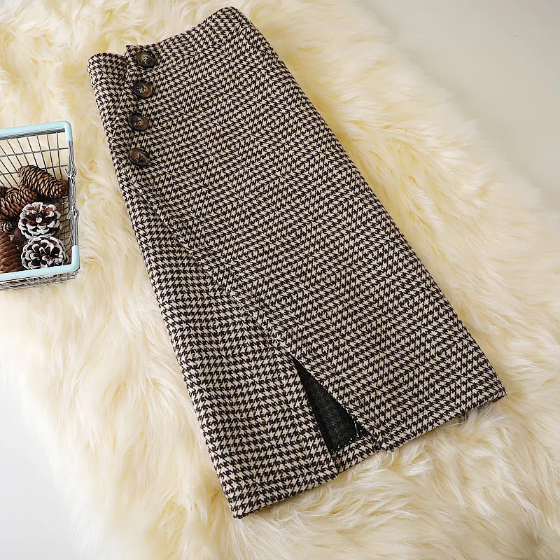 2024 Women's Autumn Winter New Irregular Woolen Skirt High Waist Package Hip Skirt Ladies Houndstooth Plaid Long Skirts B437