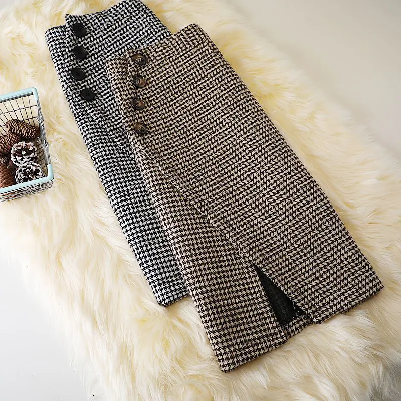 2024 Women's Autumn Winter New Irregular Woolen Skirt High Waist Package Hip Skirt Ladies Houndstooth Plaid Long Skirts B437