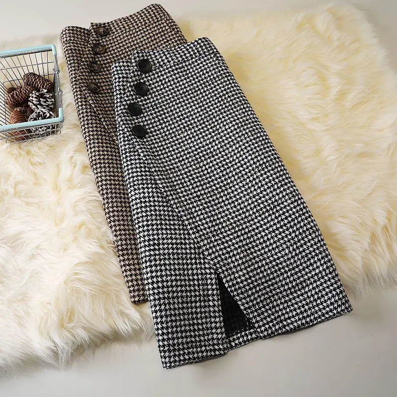 2024 Women's Autumn Winter New Irregular Woolen Skirt High Waist Package Hip Skirt Ladies Houndstooth Plaid Long Skirts B437