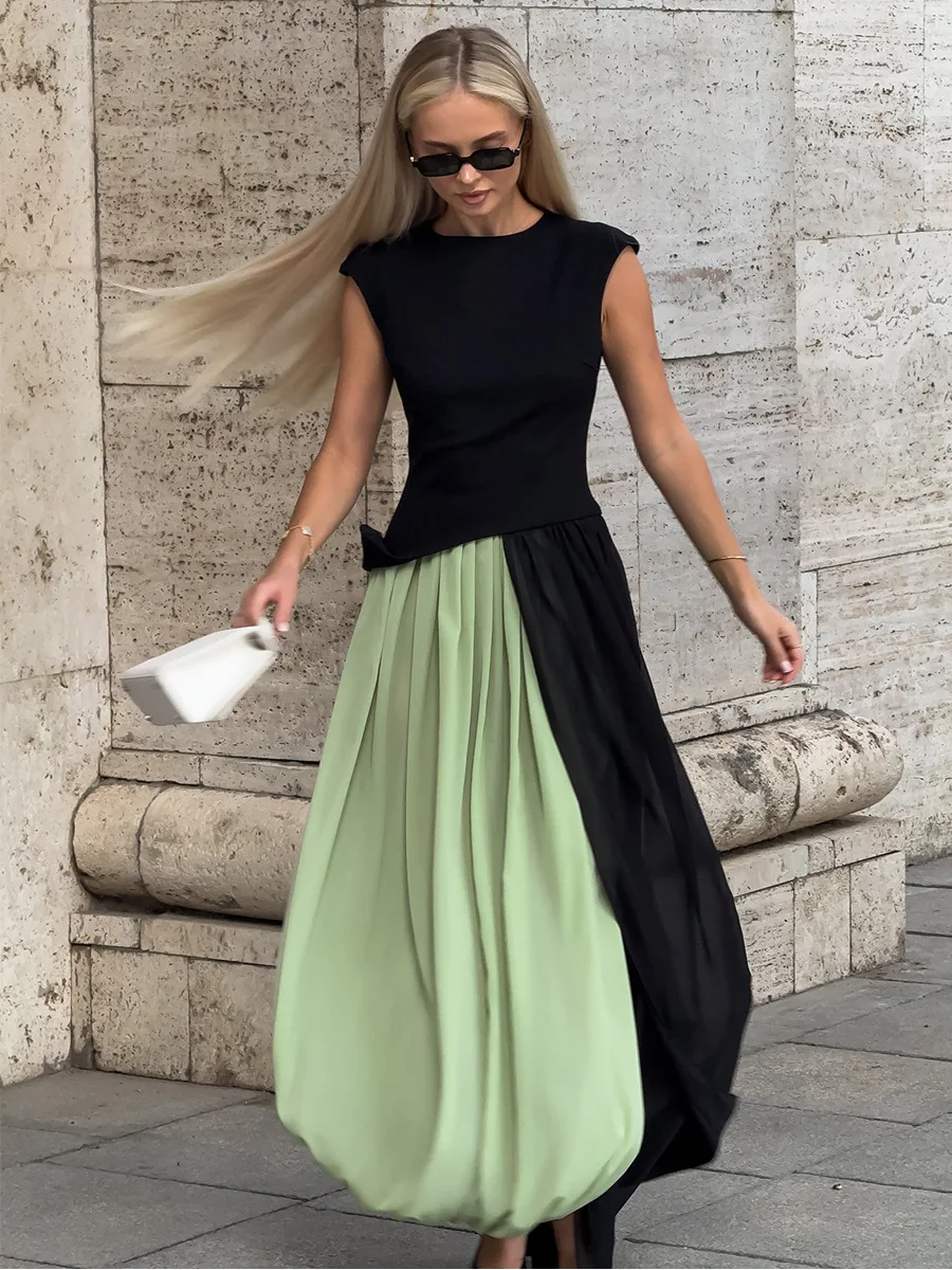 Typhaland Pleated Draped Slit Long Skirt For Women Casual Loose High Waist 2026 Summer New Female Skirts Solid Commuting Clothes
