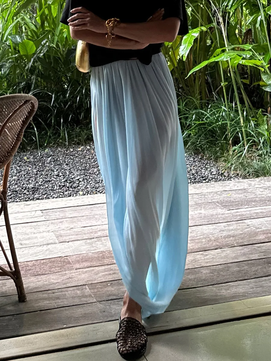 Typhaland Pleated Draped Slit Long Skirt For Women Casual Loose High Waist 2026 Summer New Female Skirts Solid Commuting Clothes