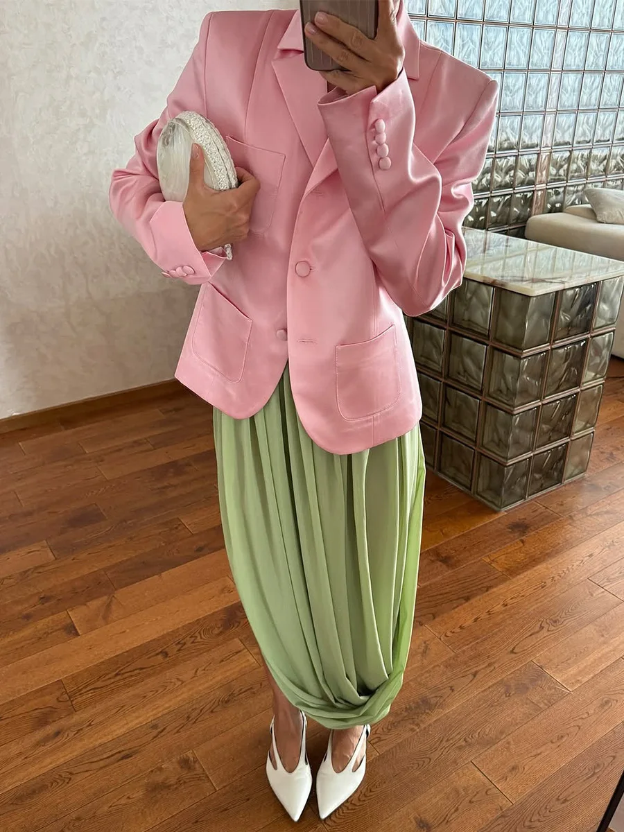 Typhaland Pleated Draped Slit Long Skirt For Women Casual Loose High Waist 2026 Summer New Female Skirts Solid Commuting Clothes