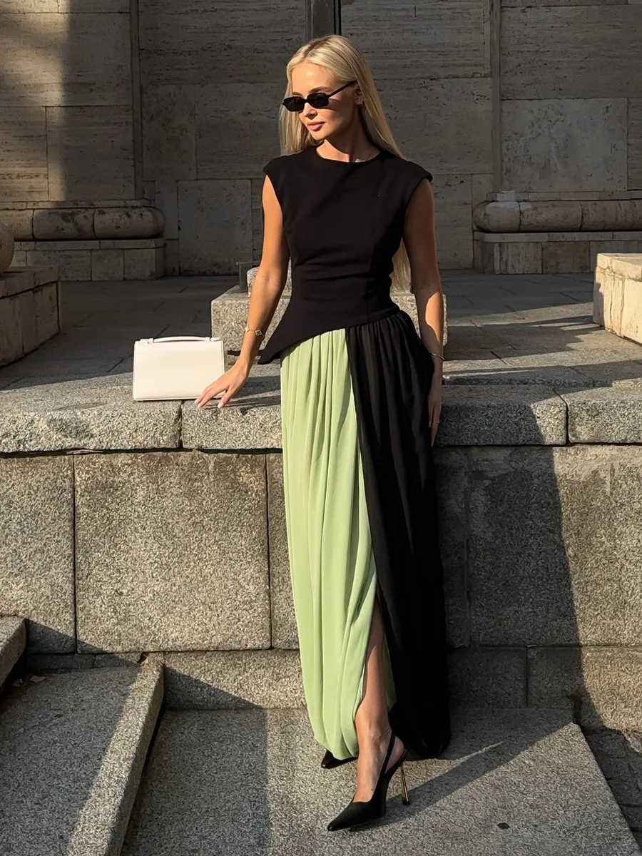 Typhaland Pleated Draped Slit Long Skirt For Women Casual Loose High Waist 2026 Summer New Female Skirts Solid Commuting Clothes