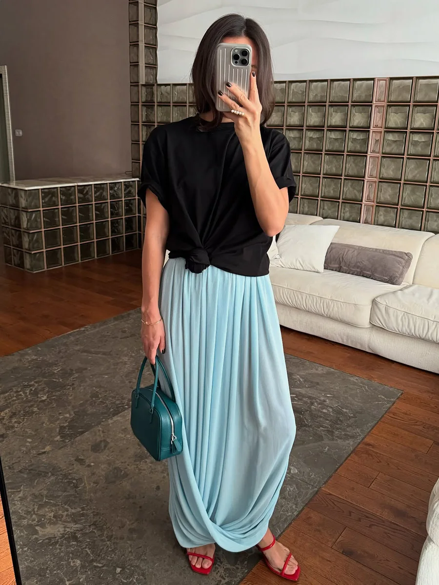Typhaland Pleated Draped Slit Long Skirt For Women Casual Loose High Waist 2026 Summer New Female Skirts Solid Commuting Clothes