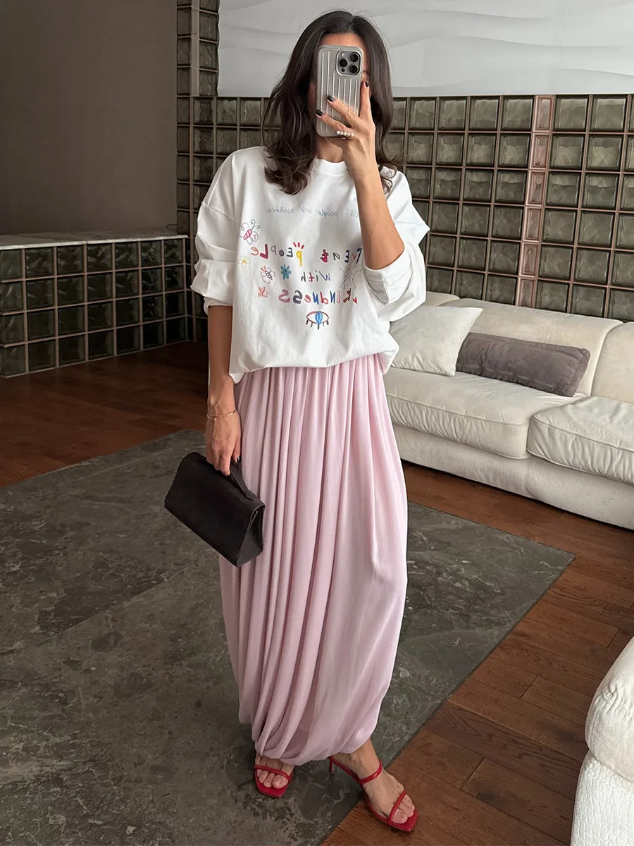 Typhaland Pleated Draped Slit Long Skirt For Women Casual Loose High Waist 2026 Summer New Female Skirts Solid Commuting Clothes