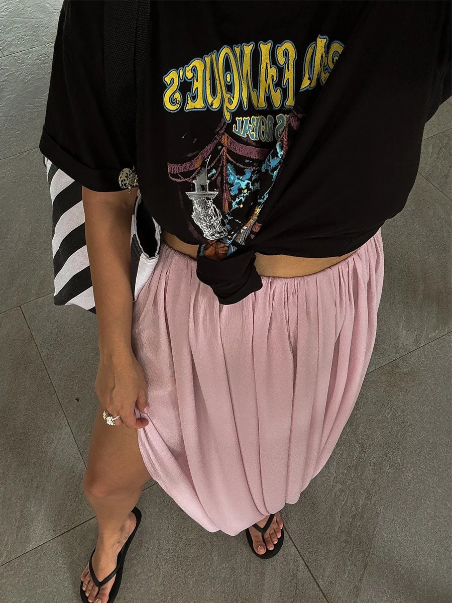 Typhaland Pleated Draped Slit Long Skirt For Women Casual Loose High Waist 2026 Summer New Female Skirts Solid Commuting Clothes