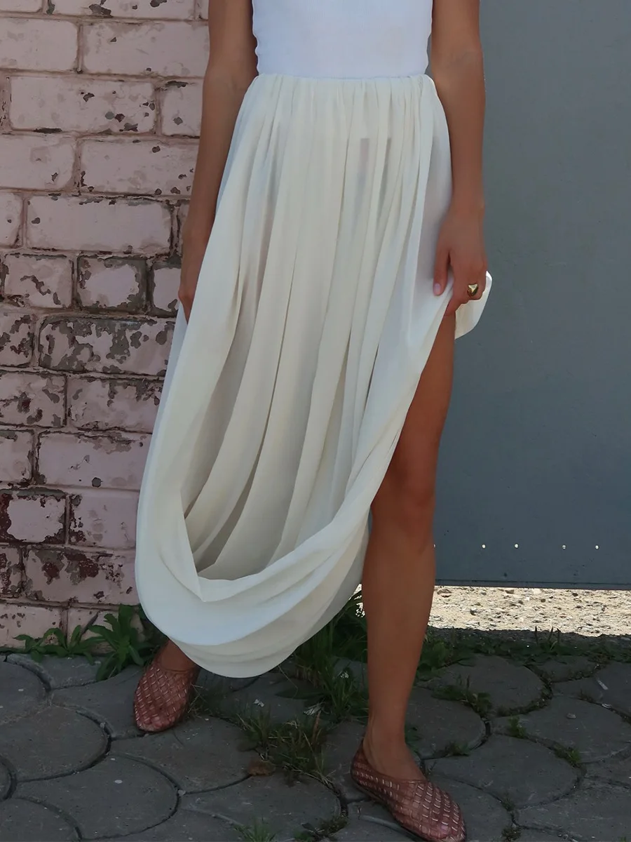 Typhaland Pleated Draped Slit Long Skirt For Women Casual Loose High Waist 2026 Summer New Female Skirts Solid Commuting Clothes