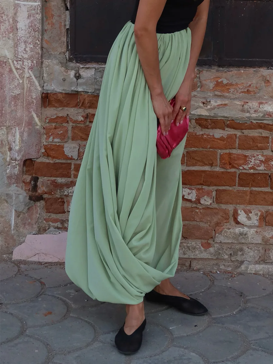 Typhaland Pleated Draped Slit Long Skirt For Women Casual Loose High Waist 2026 Summer New Female Skirts Solid Commuting Clothes
