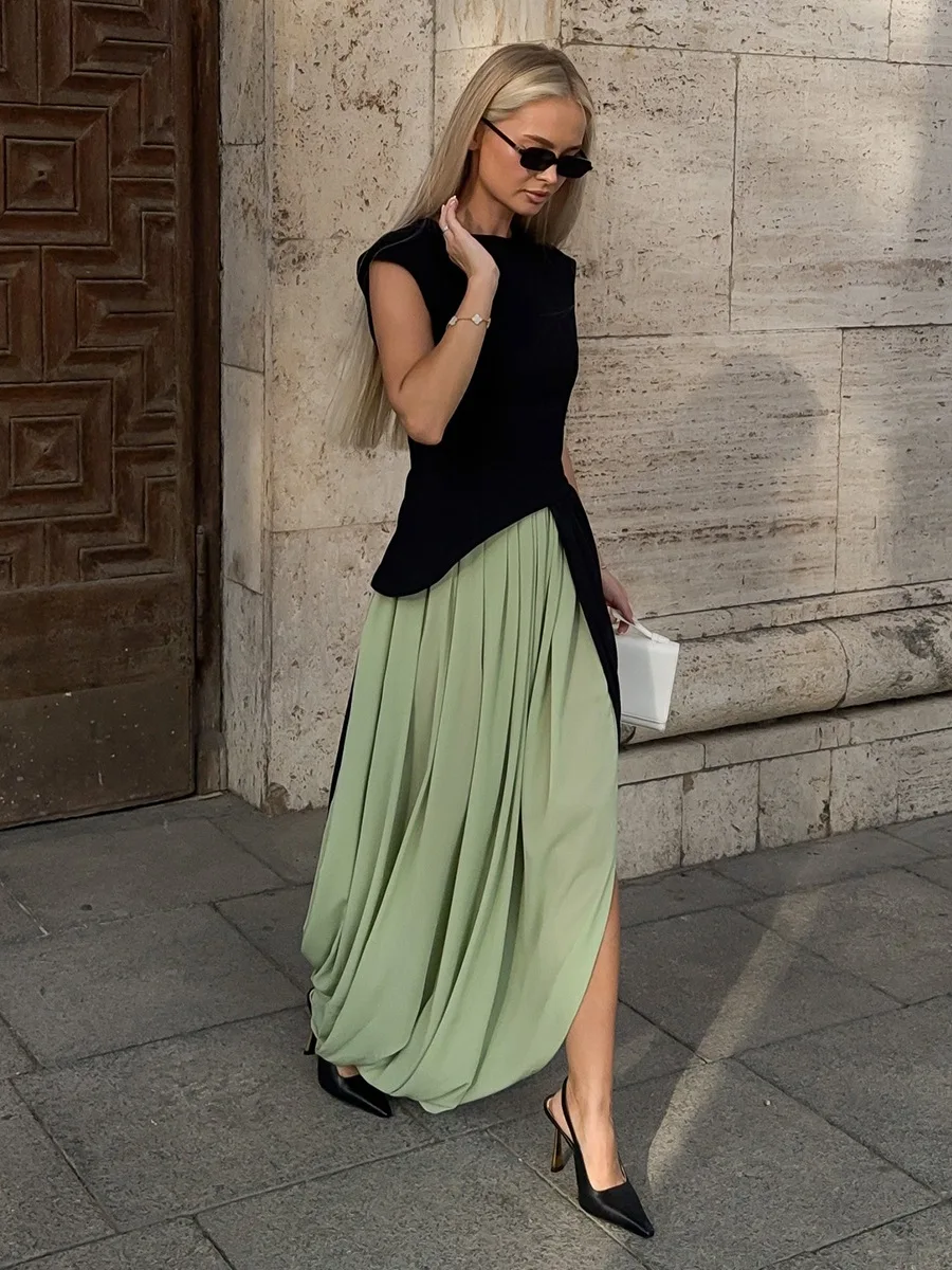 Typhaland Pleated Draped Slit Long Skirt For Women Casual Loose High Waist 2026 Summer New Female Skirts Solid Commuting Clothes