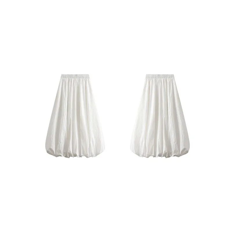 Women Elegant Skirt Women Elastic High Waist Solid Color A-Line Pleated Skirt Puffball Hem Casual Flowy Balloon Bud Midi Skirts