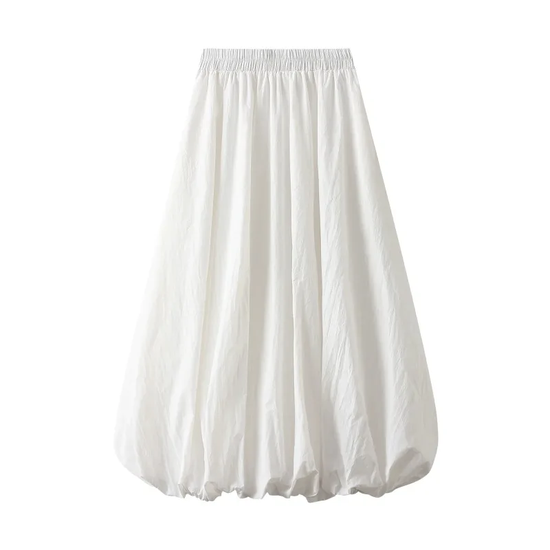 Women Elegant Skirt Women Elastic High Waist Solid Color A-Line Pleated Skirt Puffball Hem Casual Flowy Balloon Bud Midi Skirts