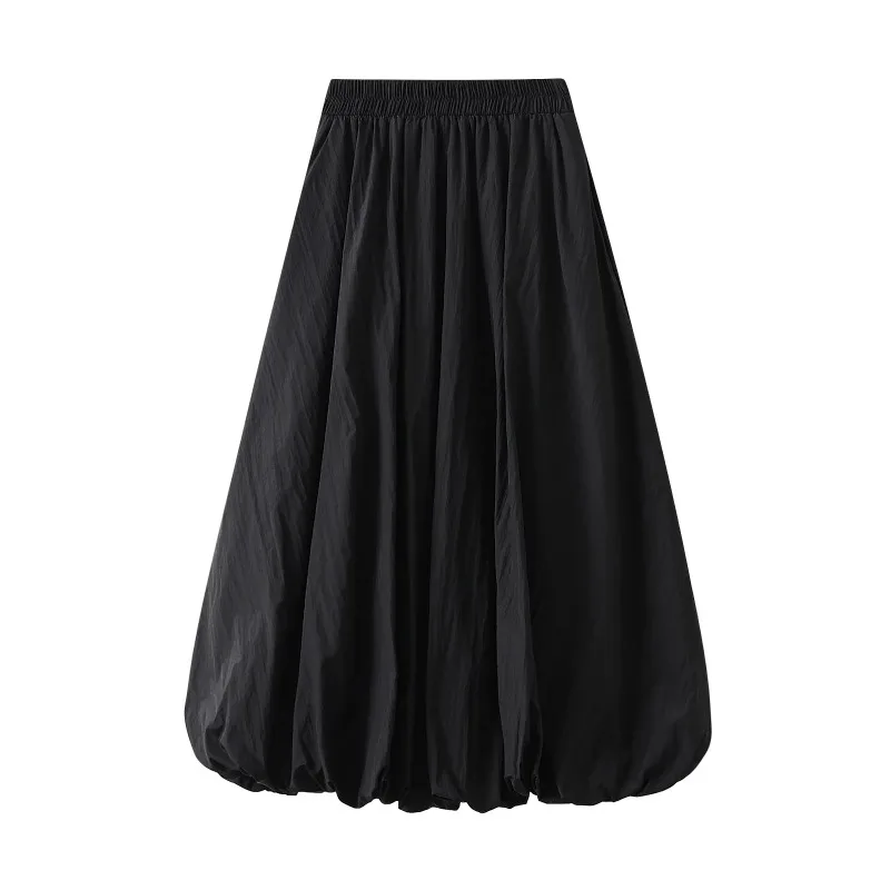 Women Elegant Skirt Women Elastic High Waist Solid Color A-Line Pleated Skirt Puffball Hem Casual Flowy Balloon Bud Midi Skirts