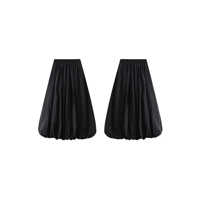 Women Elegant Skirt Women Elastic High Waist Solid Color A-Line Pleated Skirt Puffball Hem Casual Flowy Balloon Bud Midi Skirts