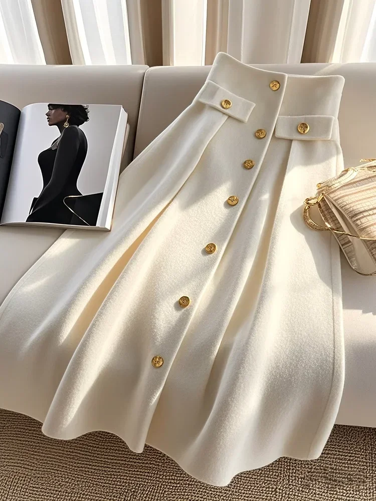 French Elegant High Waist Sliming A-line Skirt Women Spring/Autumn High Waist Vintage Skirts Luxury Casual Office Lady Clothing
