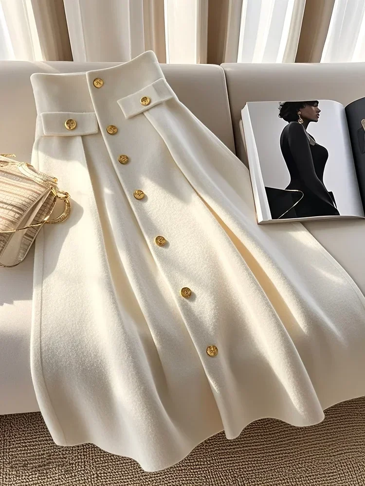 French Elegant High Waist Sliming A-line Skirt Women Spring/Autumn High Waist Vintage Skirts Luxury Casual Office Lady Clothing