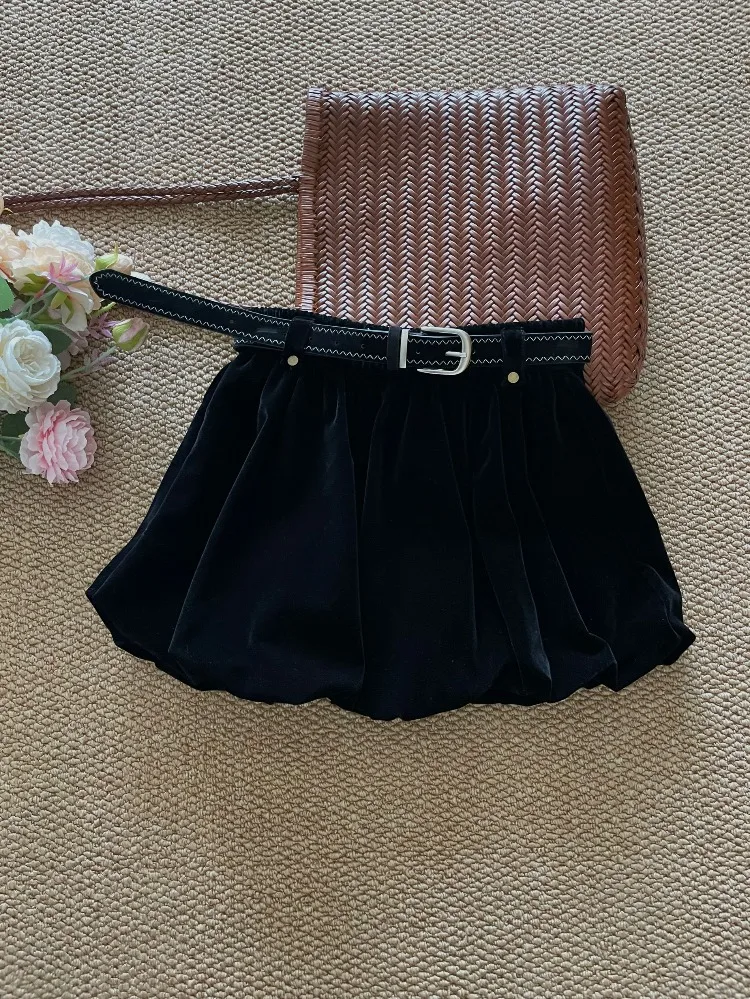 Velvet Skirts for Women 2025 Faldas Mujer De Moda Casual A-line Jupe Solid Color Vintage Korean Saia Thicked Folds Mini Skirt