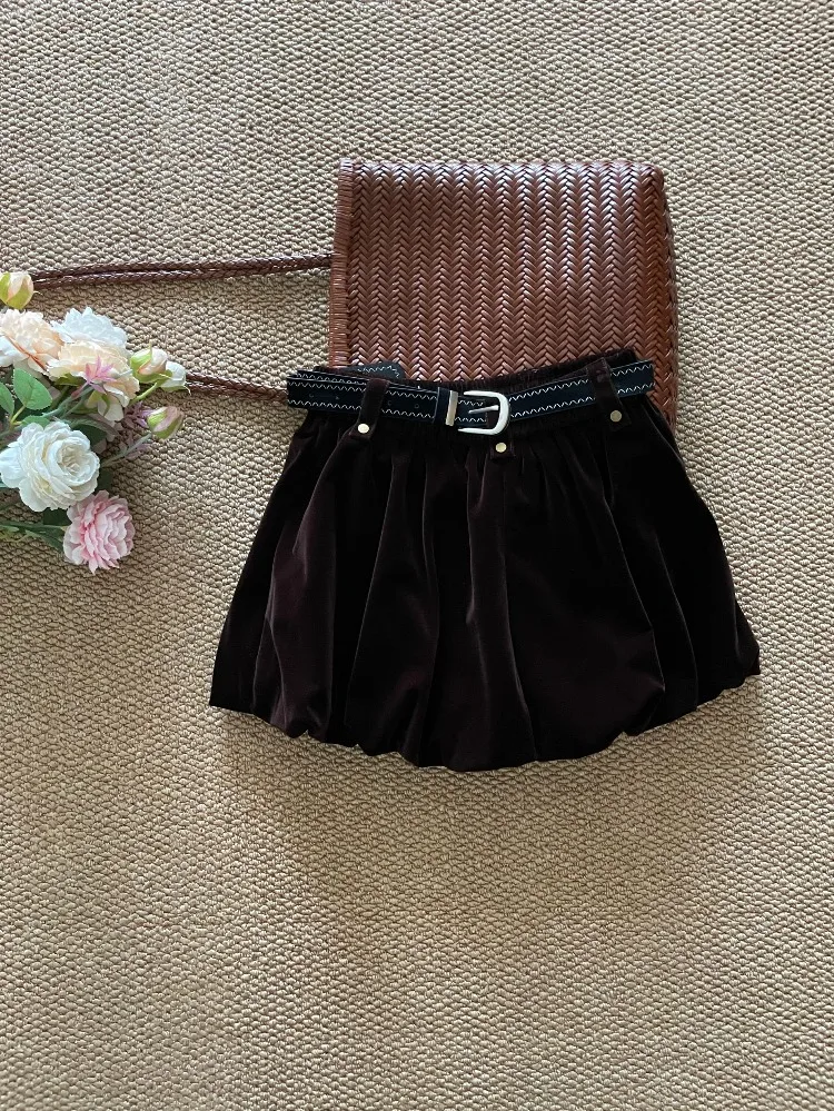 Velvet Skirts for Women 2025 Faldas Mujer De Moda Casual A-line Jupe Solid Color Vintage Korean Saia Thicked Folds Mini Skirt
