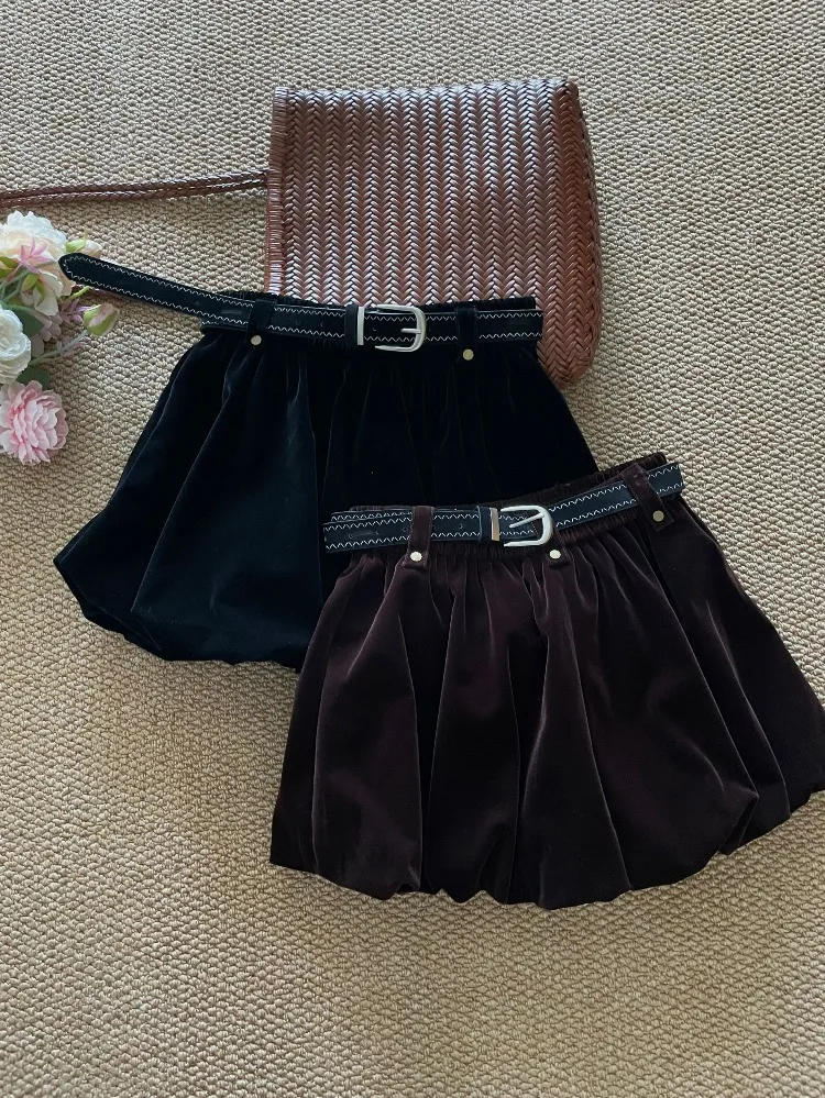 Velvet Skirts for Women 2025 Faldas Mujer De Moda Casual A-line Jupe Solid Color Vintage Korean Saia Thicked Folds Mini Skirt