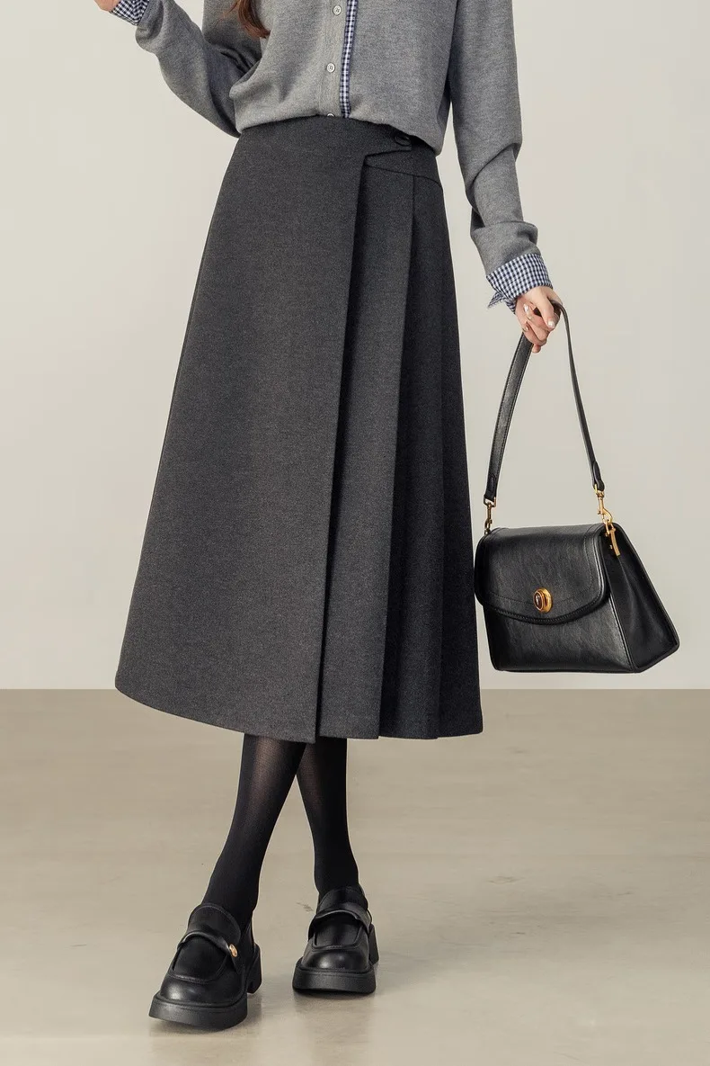 SENTUBILA Women's A-Line Skirt 2026 Winter High Waist Asymmetric Single-Side Pleated Design Minimalist Commuter Skirt 154QP4000