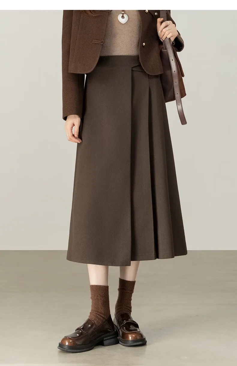 SENTUBILA Women's A-Line Skirt 2026 Winter High Waist Asymmetric Single-Side Pleated Design Minimalist Commuter Skirt 154QP4000