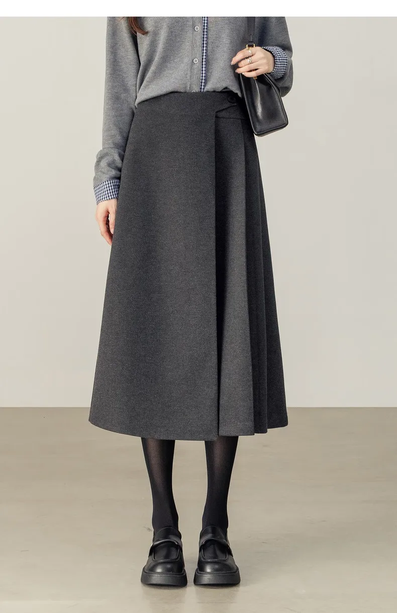 SENTUBILA Women's A-Line Skirt 2026 Winter High Waist Asymmetric Single-Side Pleated Design Minimalist Commuter Skirt 154QP4000