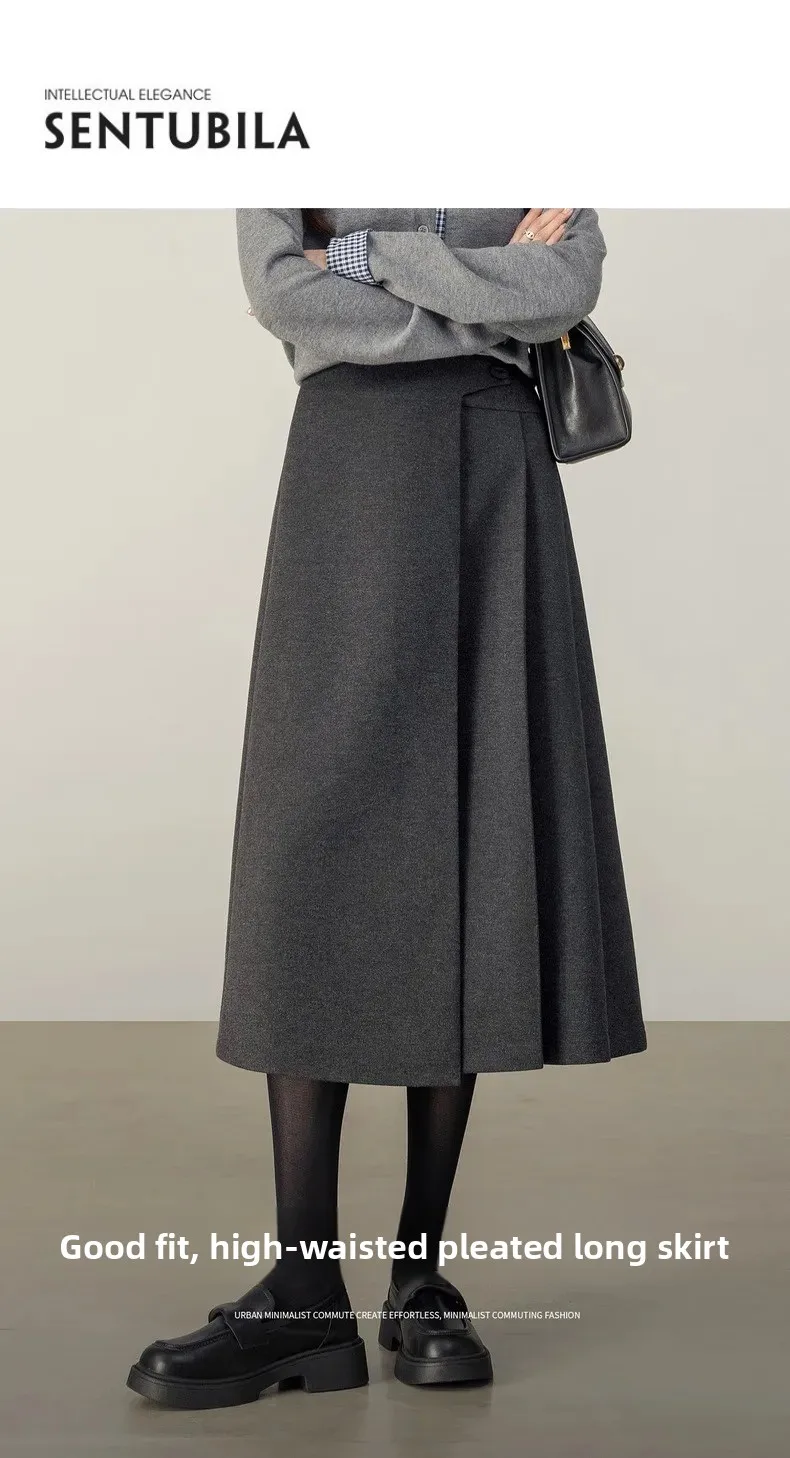 SENTUBILA Women's A-Line Skirt 2026 Winter High Waist Asymmetric Single-Side Pleated Design Minimalist Commuter Skirt 154QP4000