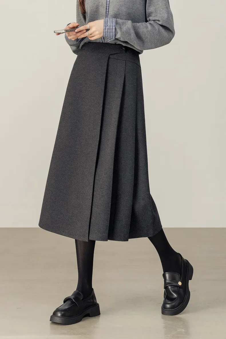 SENTUBILA Women's A-Line Skirt 2026 Winter High Waist Asymmetric Single-Side Pleated Design Minimalist Commuter Skirt 154QP4000