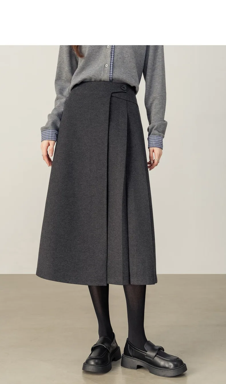 SENTUBILA Women's A-Line Skirt 2026 Winter High Waist Asymmetric Single-Side Pleated Design Minimalist Commuter Skirt 154QP4000