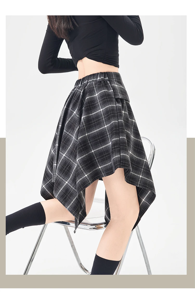 Y2K Plaid Skirt Women Vintage Strappy Asymmetrical Midi High Waist Slimming Casual A Line Short Skirt